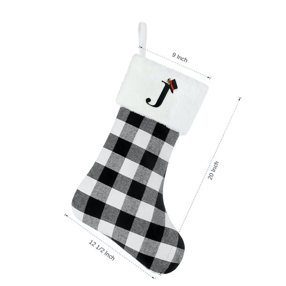 Christmas Stocking with G Initial, 20 Inch Black & White Buffalo Plaid Stocking - Picture 3 of 6